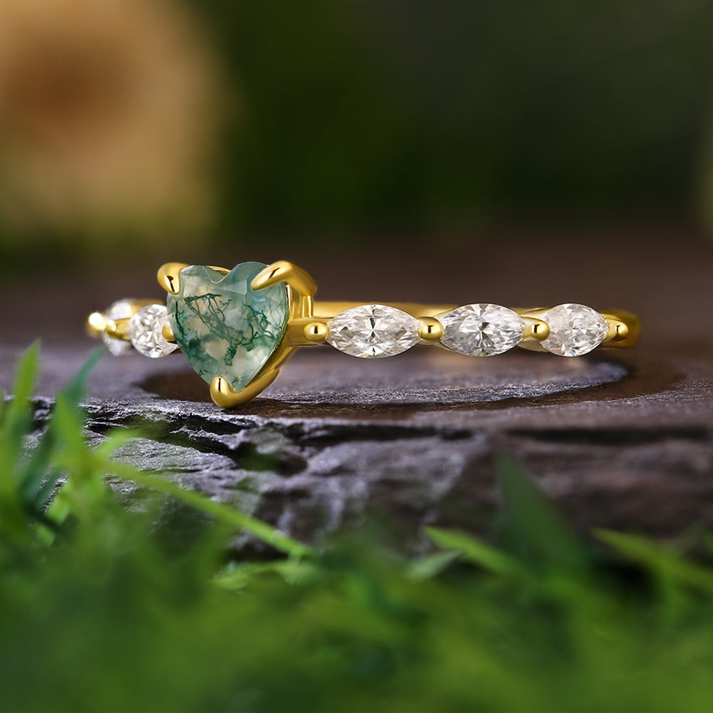 5x5mm Heart Cut Moss Agate with Marquise Accent Romantic Nature-Inspired Engagement Ring