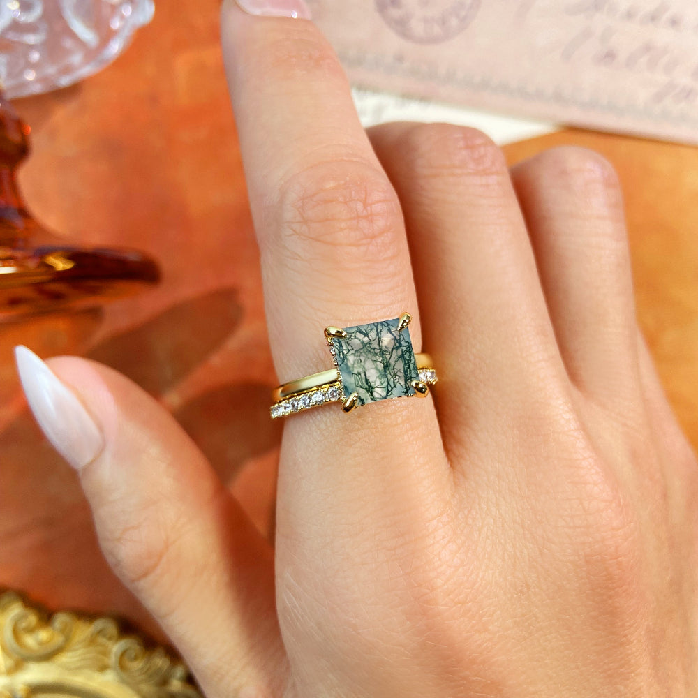 8X8mm Princess Cut Moss Agate Bridal Ring Set for Women, 2PCS Square Green Agate Hidden Halo Engagement Ring with Moissanite Band