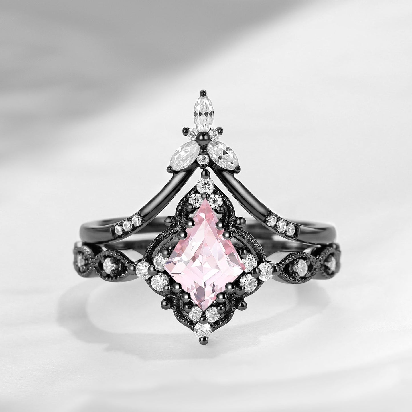 Vintage Inspired - Kite Cut Lab Pink Sapphire Milgrain Bridal Set