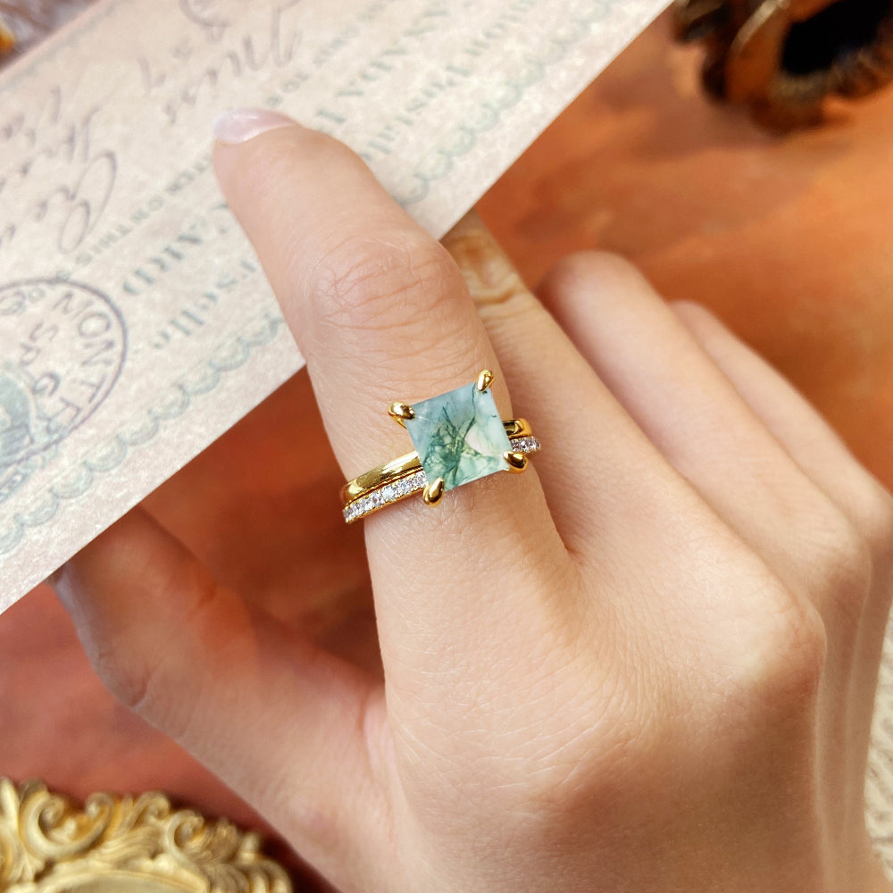 8X8mm Princess Cut Moss Agate Bridal Ring Set for Women, 2PCS Square Green Agate Engagement Ring with Moissanite Band, Nature Inspired Wedding Jewelry