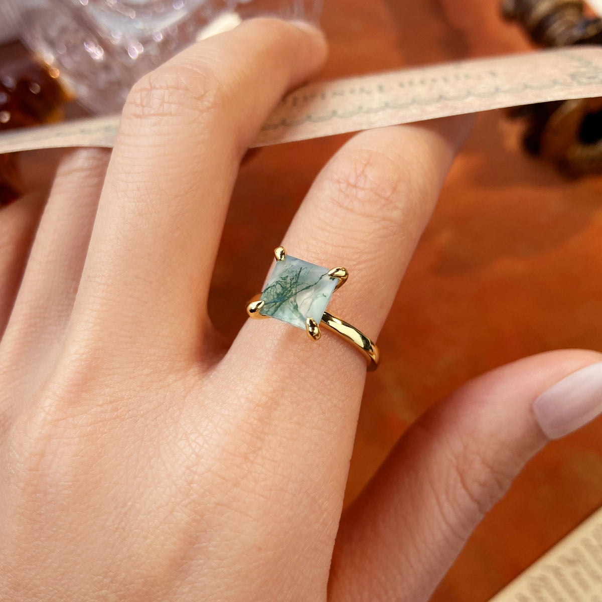 Nature Inspired 8x8mm Princess Cut Moss Agate Solitaire Engagement Ring
