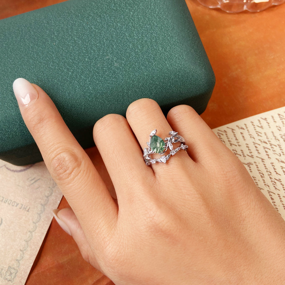 Nature Inspired Vine & Leaf 6x8mm Pear Cut Moss Agate Bridal Ring Set