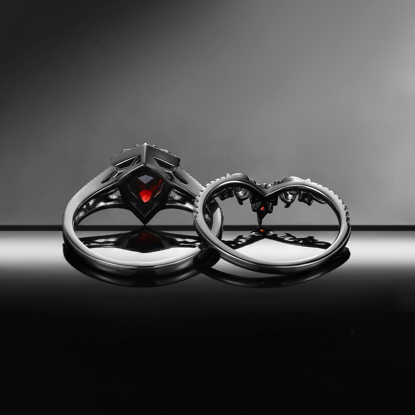 Shield Cut 'Fallen Aegis' Gothic Inspired Filigree Gold Engagement Ring Set 2pcs