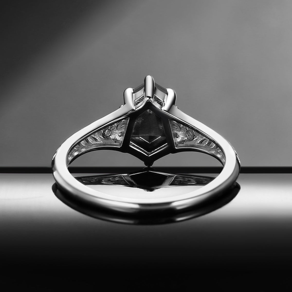 Shield Cut 'Fallen Aegis' Leafy Filigree Gold Engagement Ring