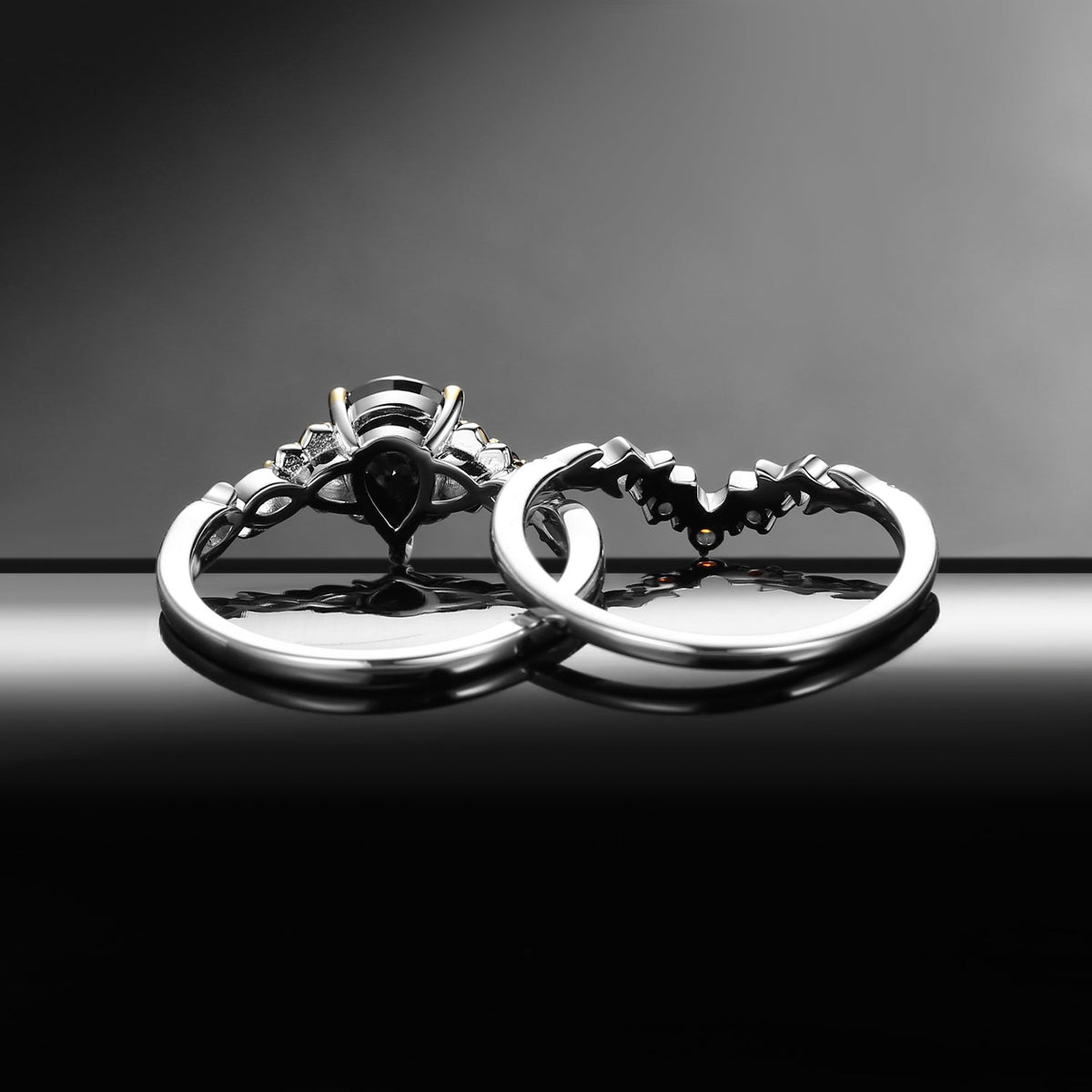 Nature Inspired Pear Shaped Black Moissanite 'Thorns & Roses' Two-Tone Engagement Ring Set 2pcs