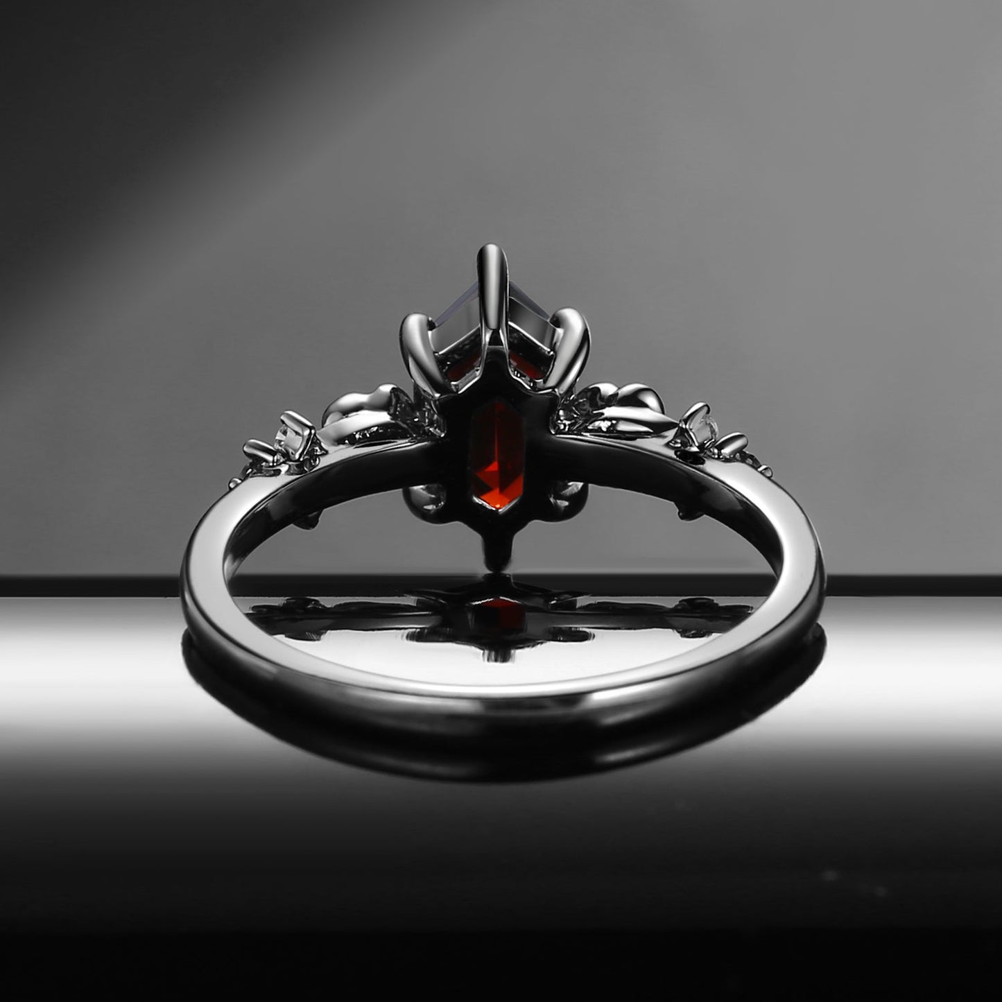 Gothic Long Hexagon Garnet 'Thorns & Roses' Cluster Black Gold Engagement Ring