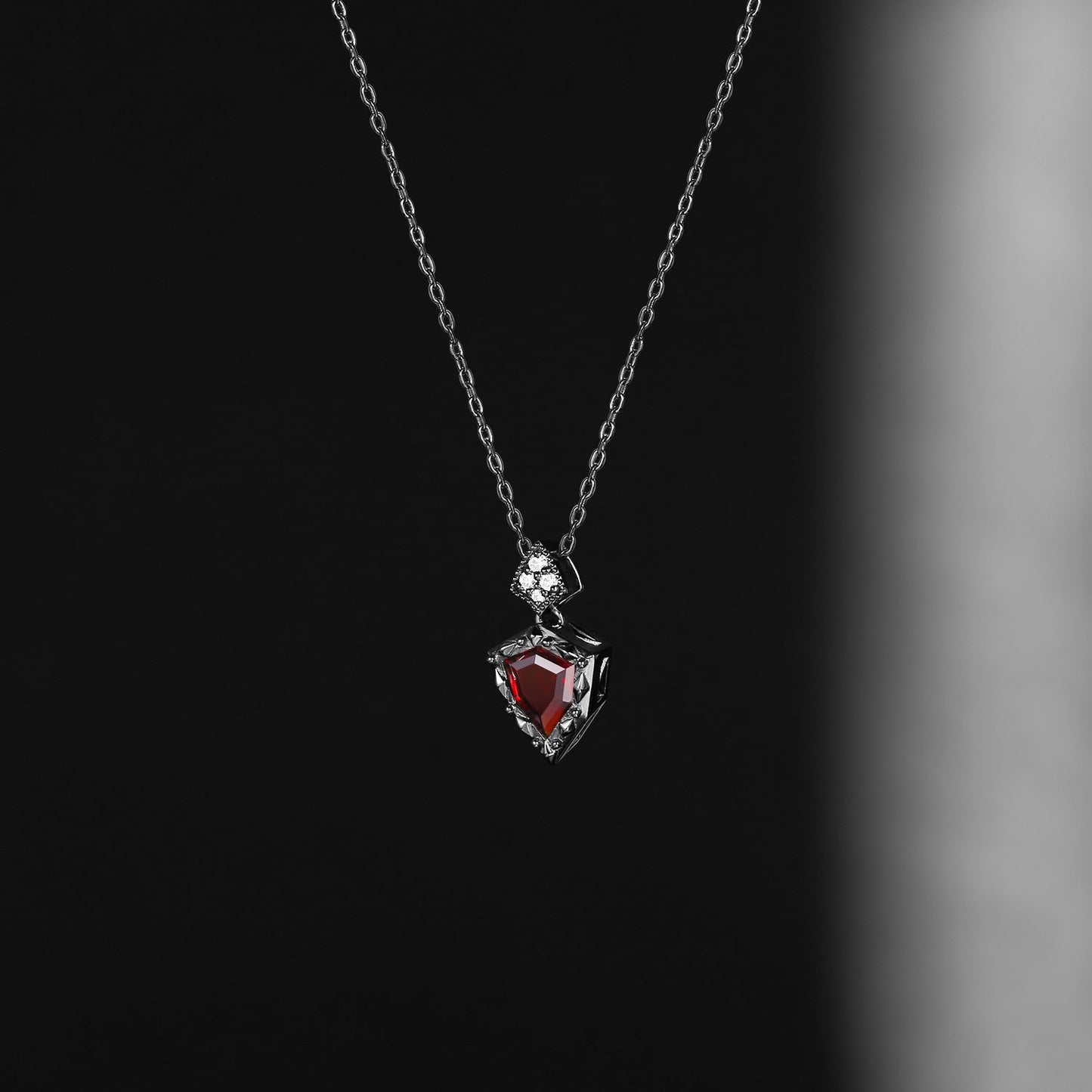 Unique Gothic Style Shield Cut Garnet 'Fallen Aegis' Filigree Necklace