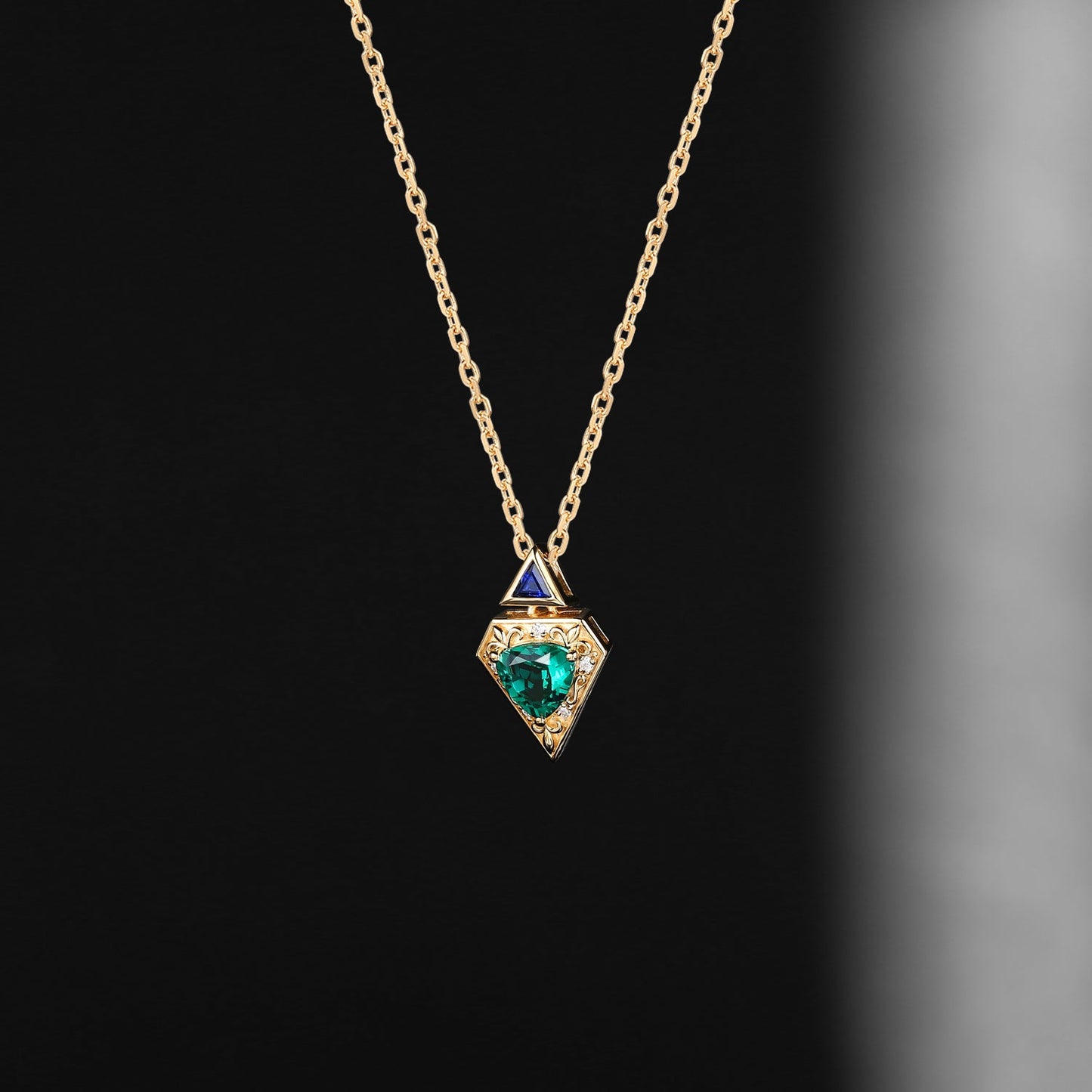 Vintage Inspired Triangle Cut Lab Emerald 'Fallen Aegis' Filigree Gold Necklace