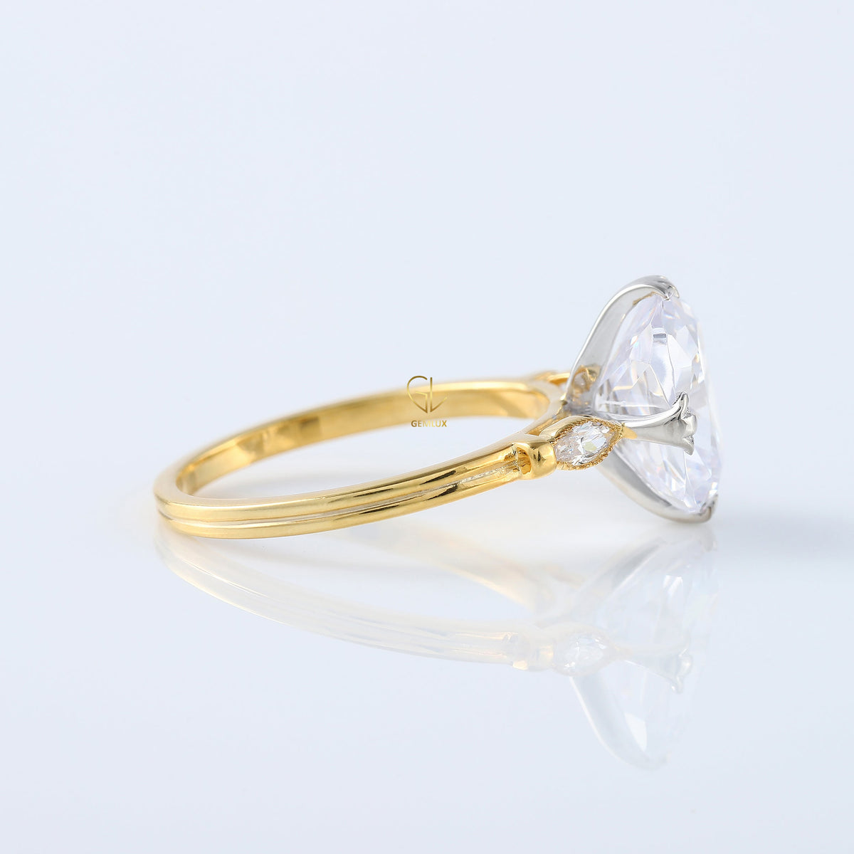 Fish Tail Prong Three Stone Elongated Cushion Cut Moissanite Ring
