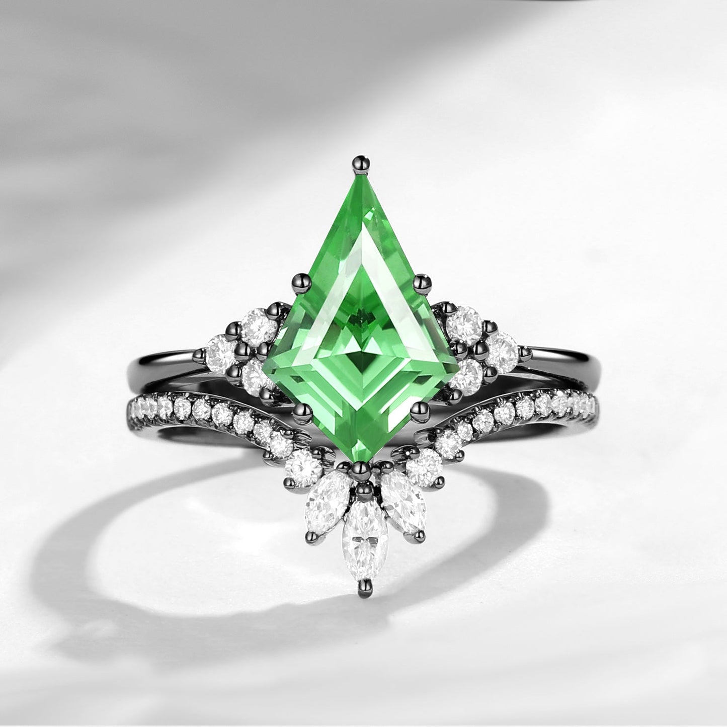 Kite Cut Lab Tsavorite Classic Cluster Engagement Ring Set 2pcs - Electra
