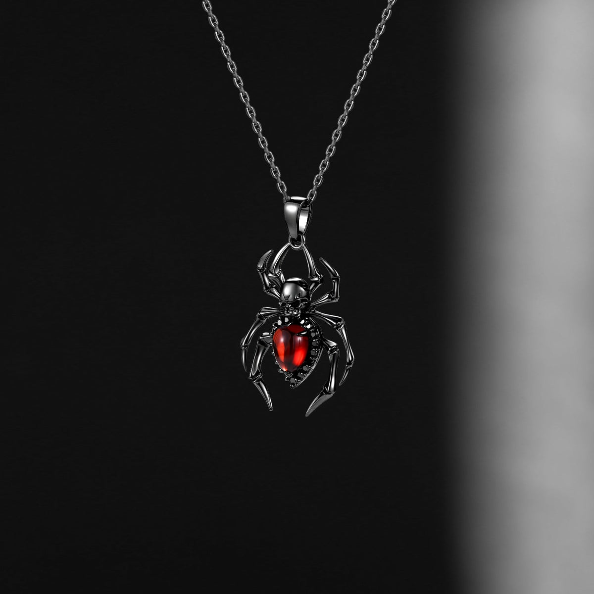 Unique Spider & Skull Pear Cut Garnet Halloween Gothic Pendant Necklace