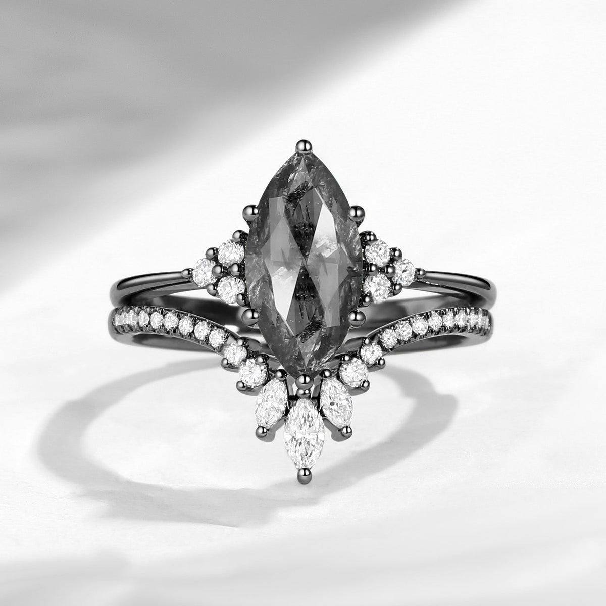 Classic Style Marquise Cut Salt & Pepper Diamond Cluster Engagement Ring Set