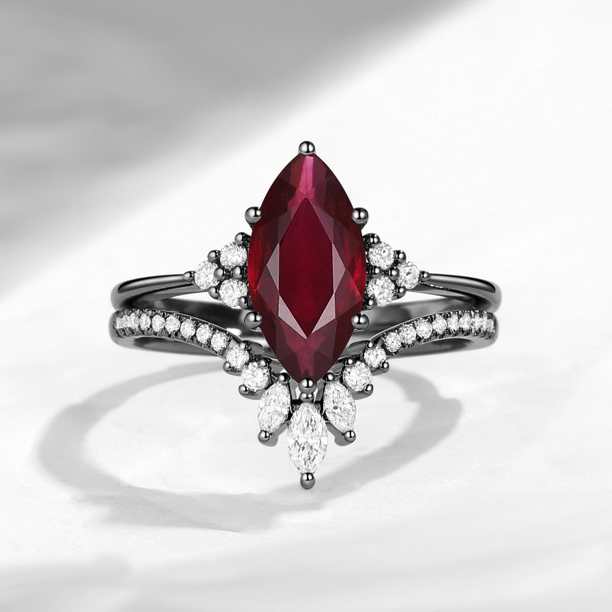 Classic Style Marquise Cut Natural Ruby Cluster Engagement Ring Set 2pcs - Electra