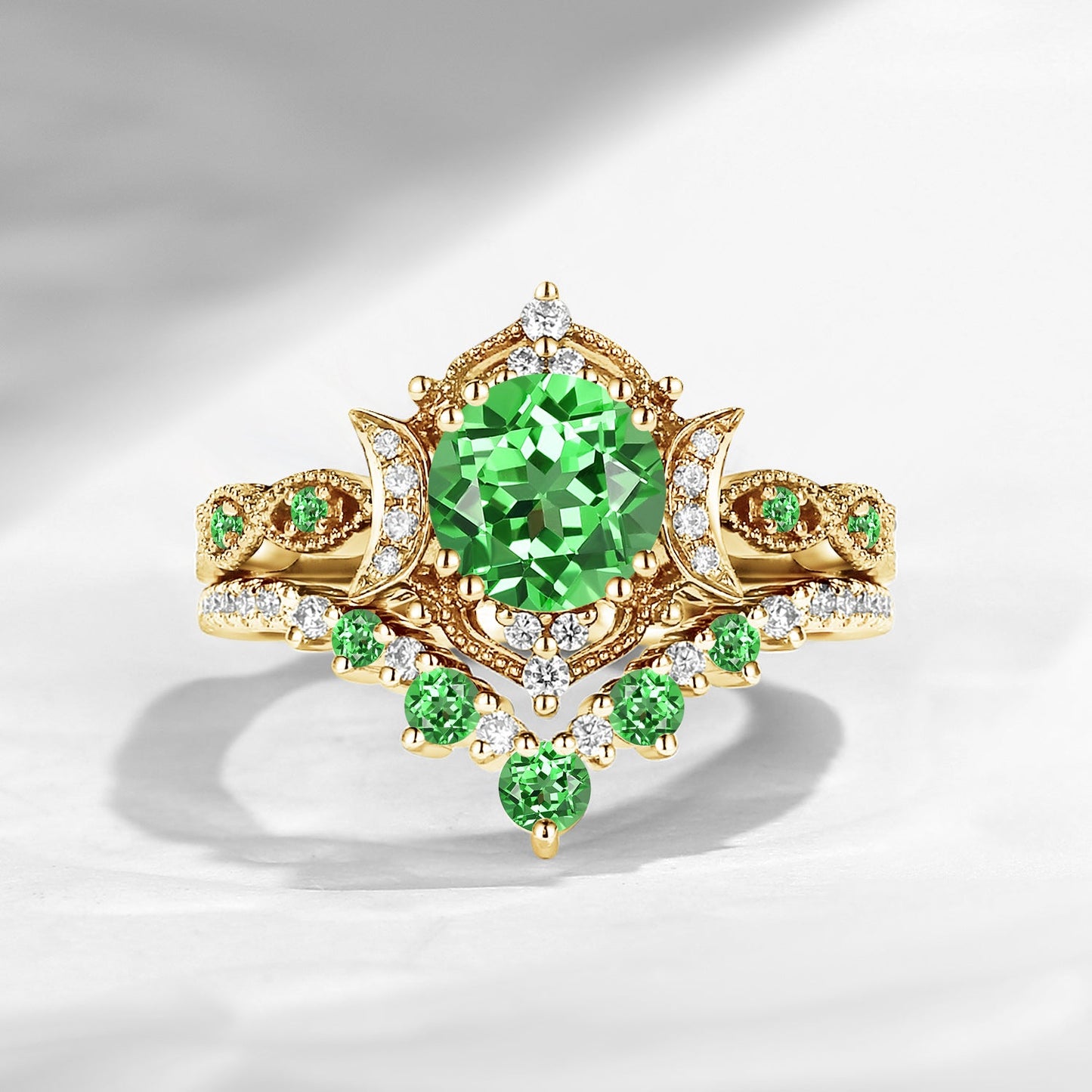 Crescent Moon | Round Cut Lab Tsavorite Vintage Milgrain Engagement Ring Set 2pcs