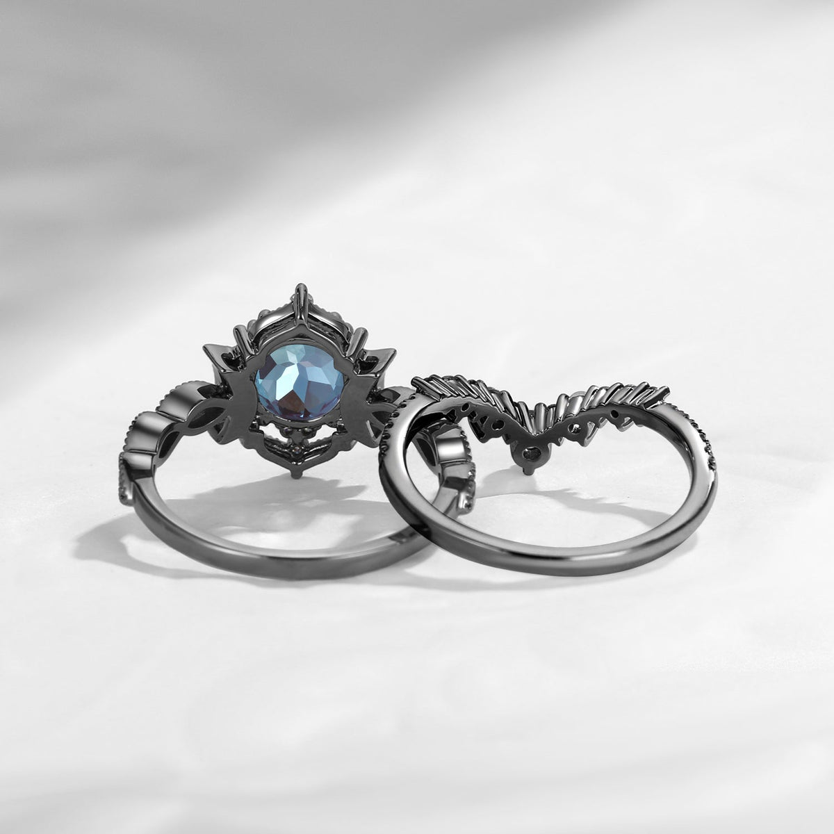 Crescent Moon | Round Cut Lab Alexandrite 'Black Statement' Ring Set 2pcs