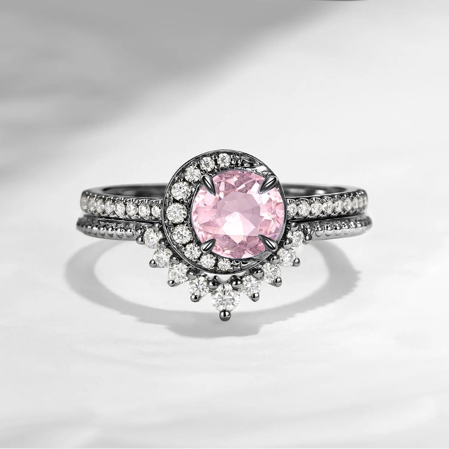 Crescent Moon | Unique Round Cut Natural Pink Tourmaline Engagement Ring Set 2pcs - Full Moon