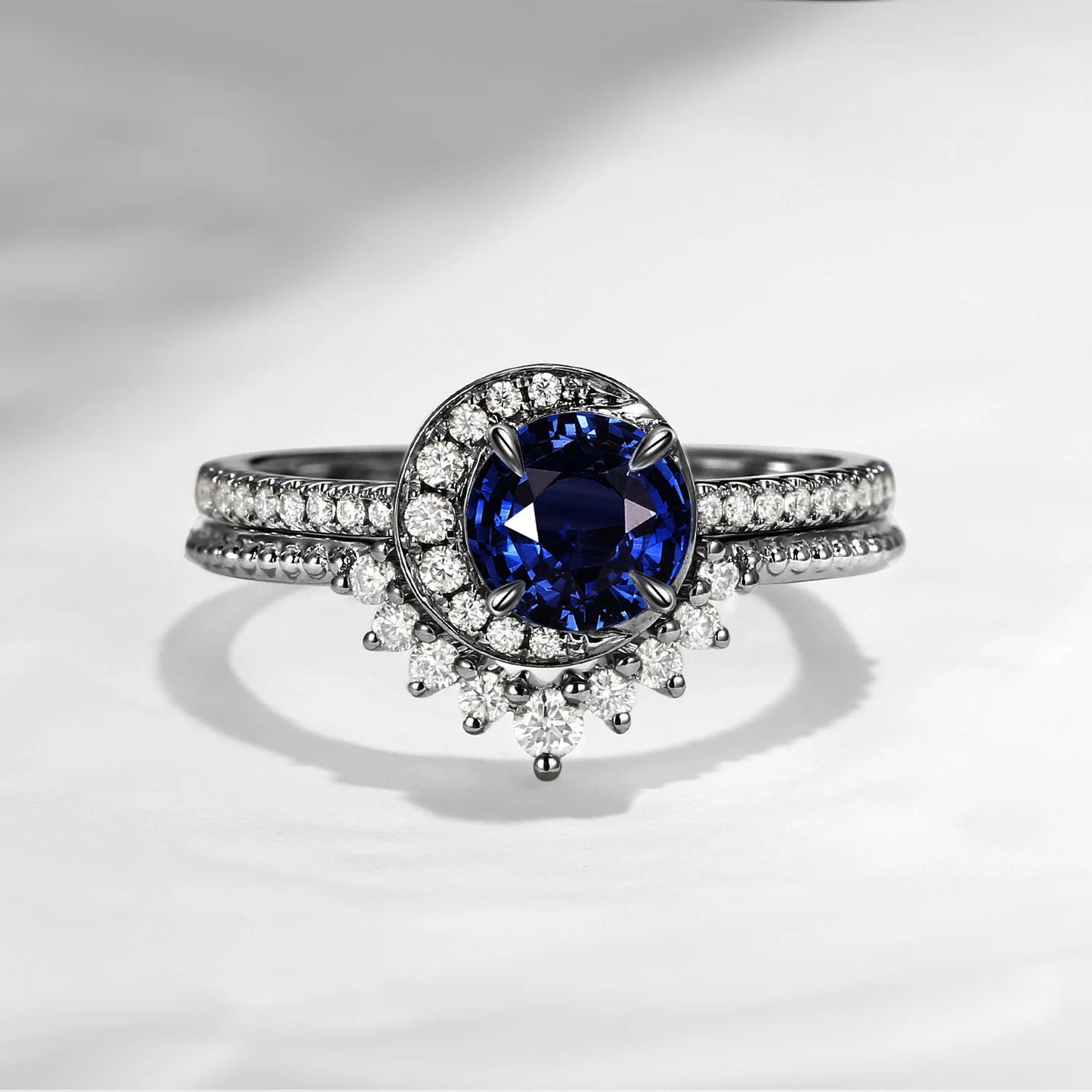 Crescent Moon | Unique Round Cut Natural Sapphire Engagement Ring Set 2pcs - Full Moon