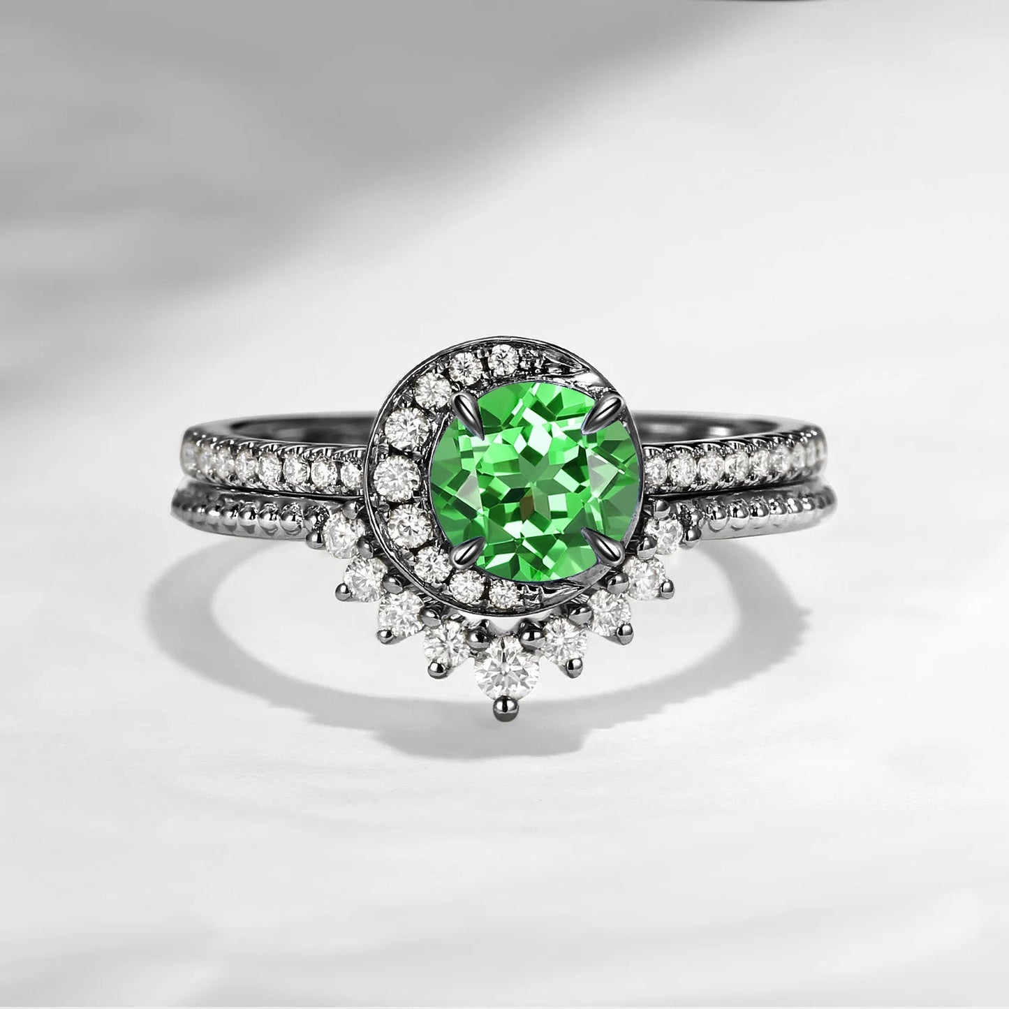 Crescent Moon | Unique Round Cut Lab Tsavorite Engagement Ring Set 2pcs - Full Moon