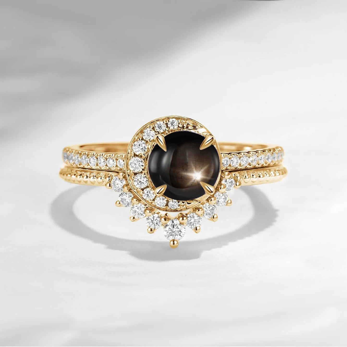 Crescent Moon | Unique Round Cut Natural Black Star Sapphire Engagement Ring Set 2pcs - Full Moon