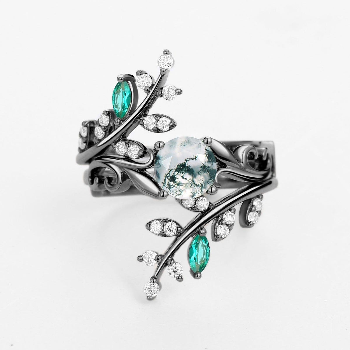 Forest Bloom – Round Cut Moss Agate & Emerald Engagement Rings