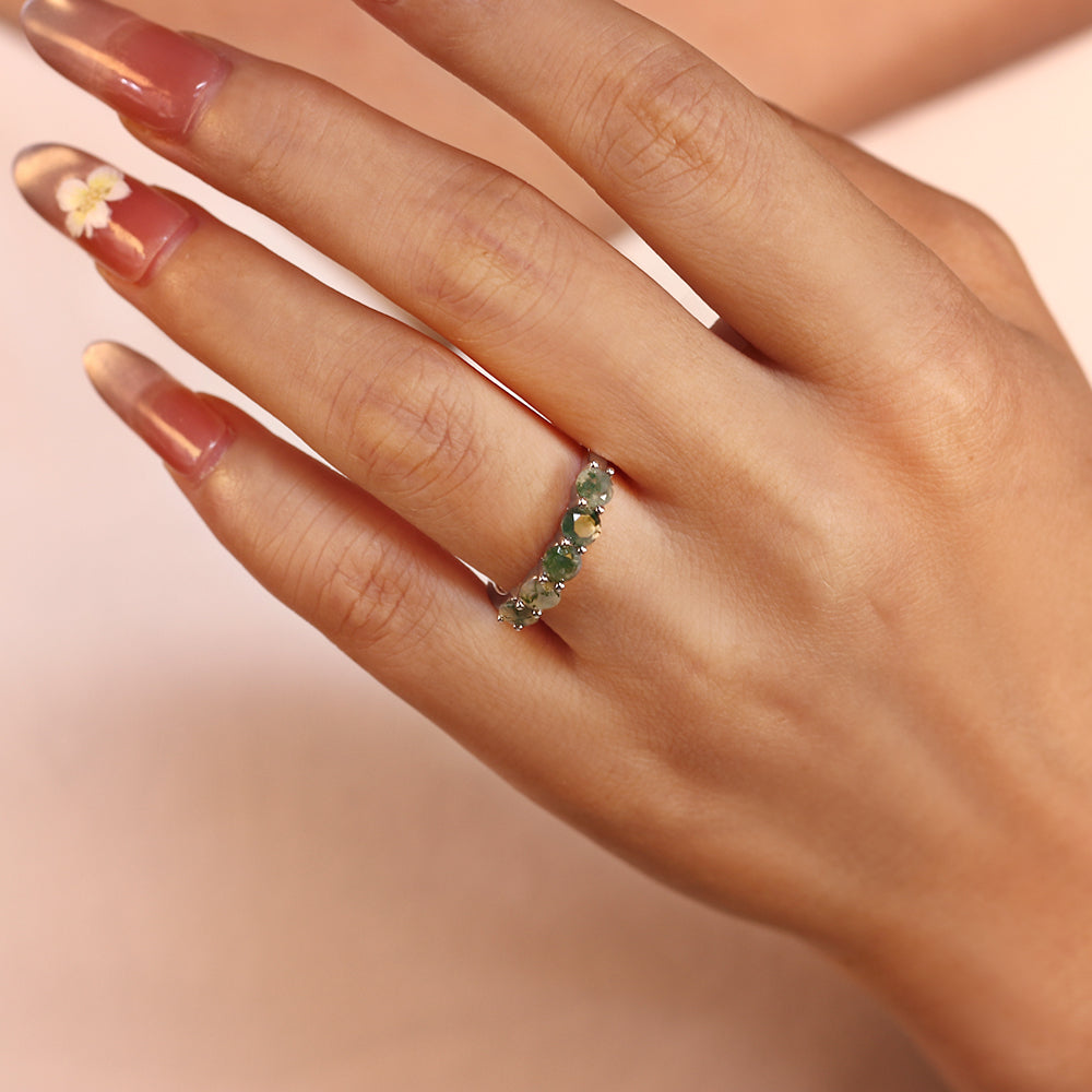 5mm Round Cut Moss Agate Half Eternity Minimalist Engagement Ring