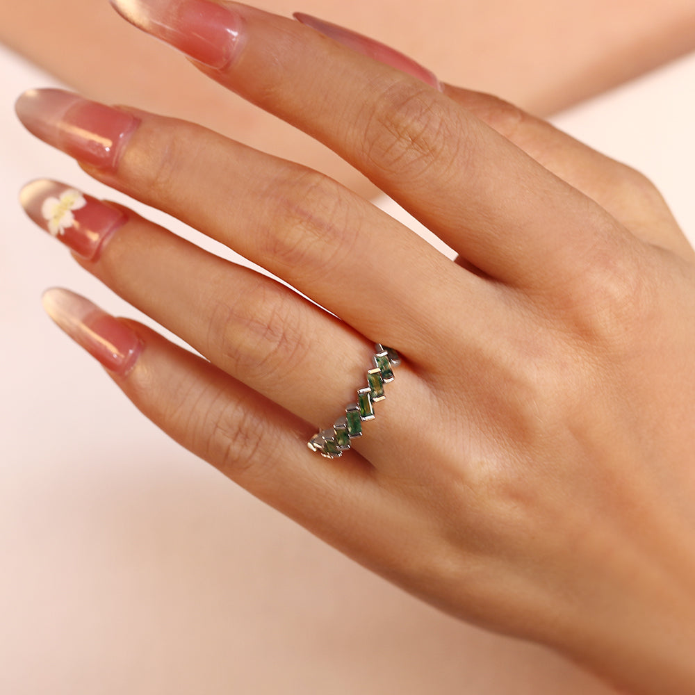 2x4mm Baguette Cut Moss Agate Chevron Pattern Half Eternity Engagement Ring