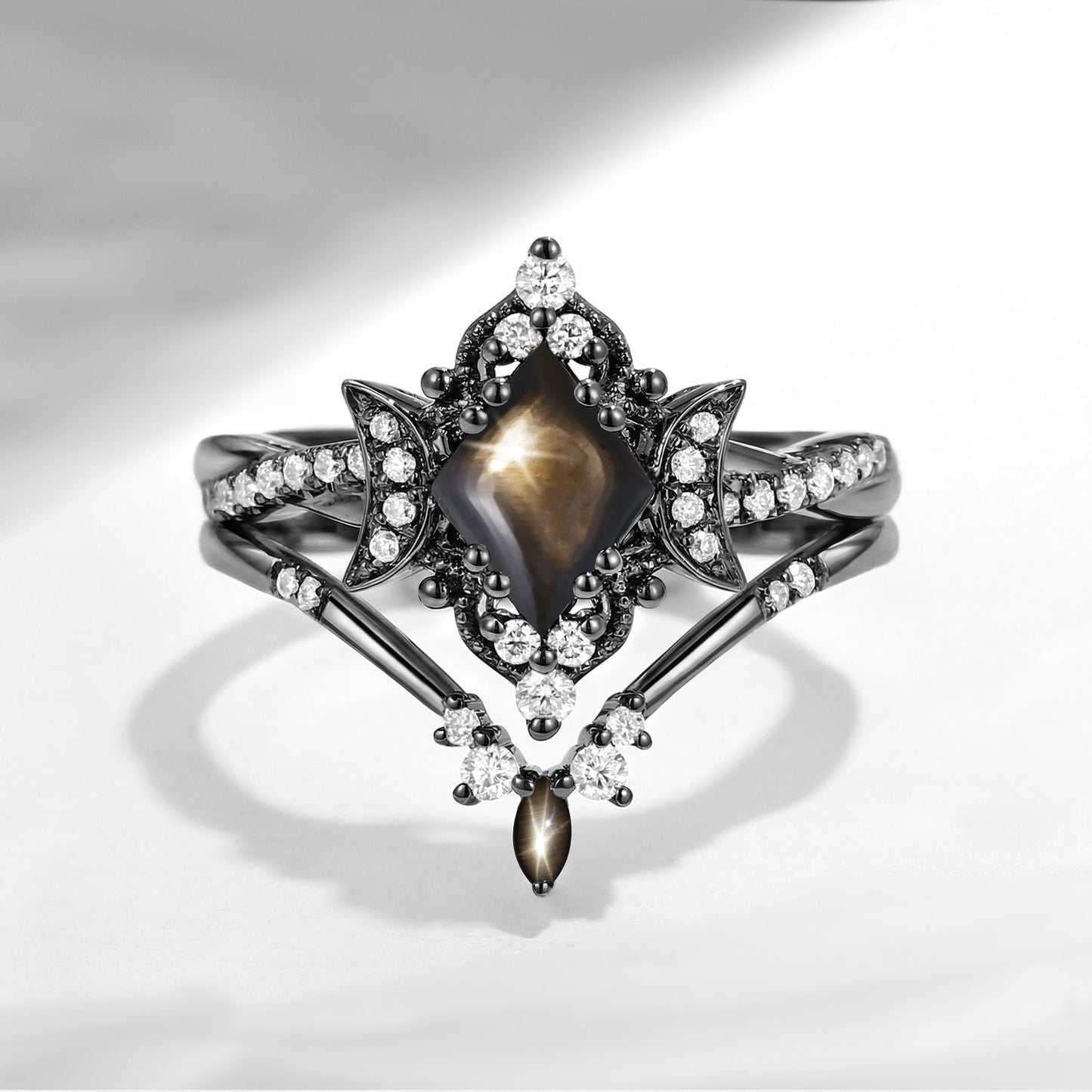Crescent Moon | Kite Cut Natural Black Star Sapphire Infinity Twisted Engagement Ring Set 2pcs