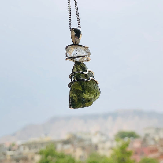 Genuine Moldavite & Herkimer Rough Pendant, 925 Sterling Silver Handmade Pendant, Moldavite Gemstone Pendant, Gift For Women's