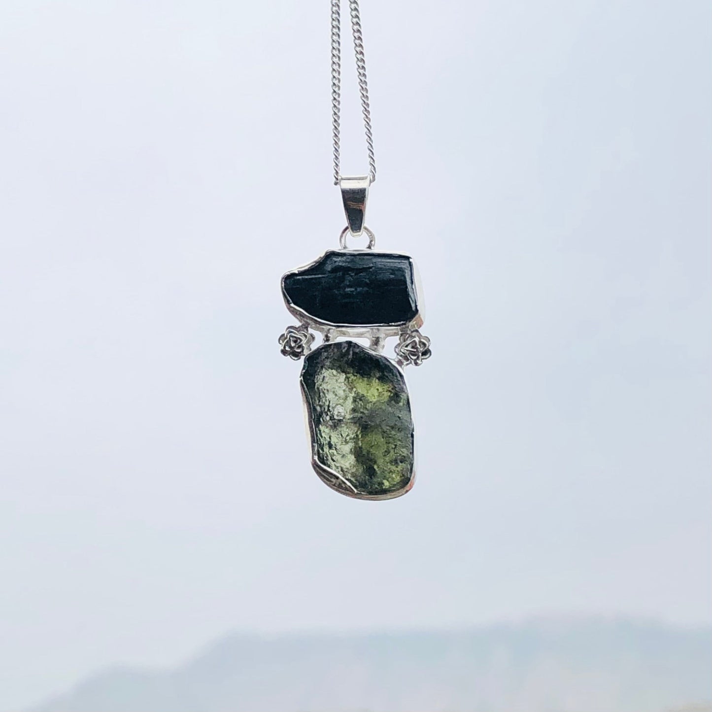 Genuine Moldavite & Black Tourmaline Rough Pendant, 925 Sterling Silver Handmade Pendant, Moldavite Gemstone Pendant, Gift For Women's
