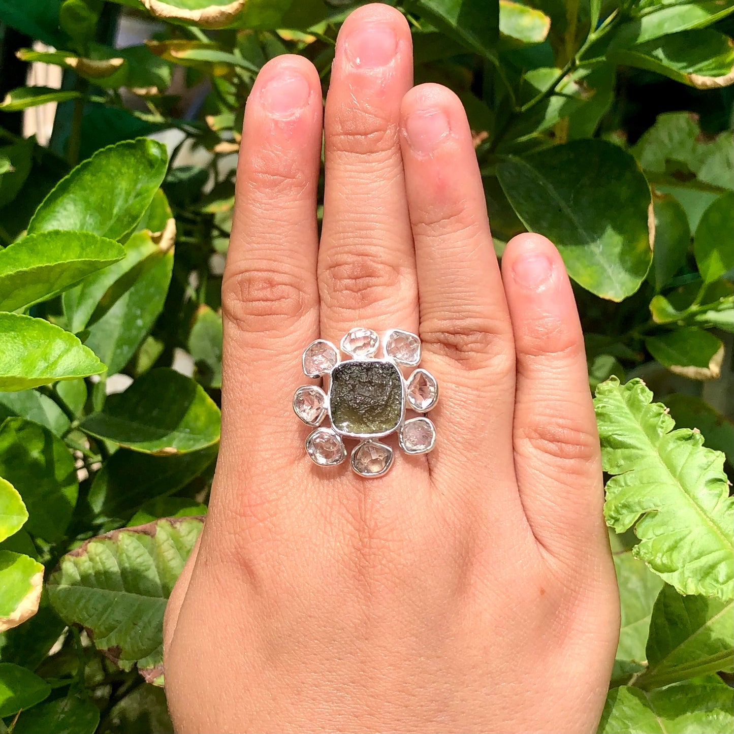 Czech Republic Moldavite Ring , Herkimer Diamond Ring, Natural Gemstone 925 Solid Sterling Silver Handmade Jewelry Ring, Gift For Her