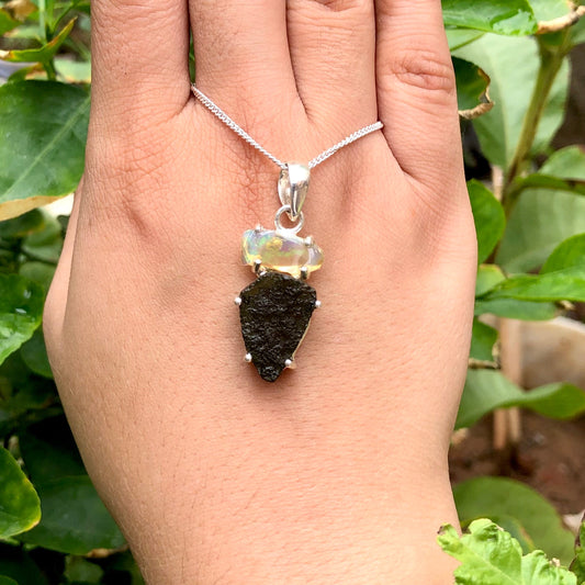 Genuine Moldavite & Opal Rough Pendant, 925 Sterling Silver Handmade Pendant, Moldavite Gemstone Pendant, Gift For Women's