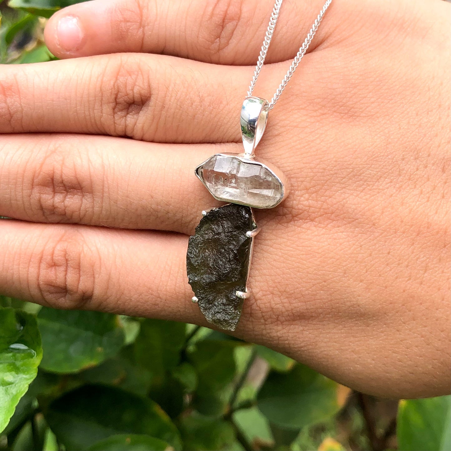 Genuine Moldavite & Herkimer Rough Pendant, 925 Sterling Silver Handmade Pendant, Moldavite Gemstone Pendant, Gift For Women's