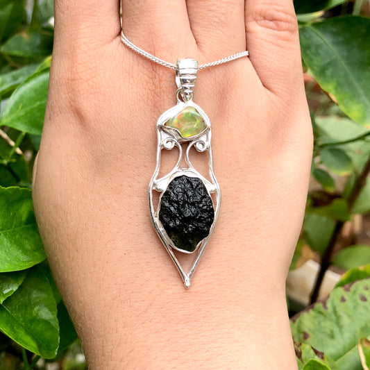 Genuine Moldavite & Opal Rough Pendant, 925 Sterling Silver Handmade Pendant, Moldavite Gemstone Pendant, Gift For Women's