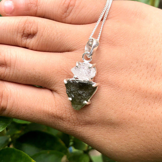Genuine Moldavite & Herkimer Rough Pendant, 925 Sterling Silver Handmade Pendant, Moldavite Gemstone Pendant, Gift For Women's