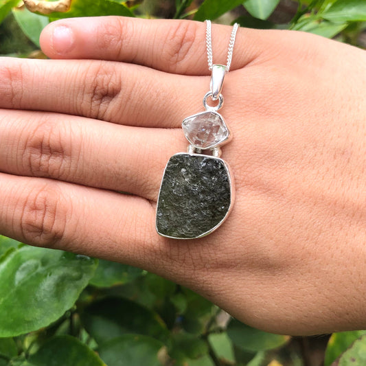 Genuine Moldavite & Herkimer Rough Pendant, 925 Sterling Silver Handmade Pendant, Moldavite Gemstone Pendant, Gift For Women's