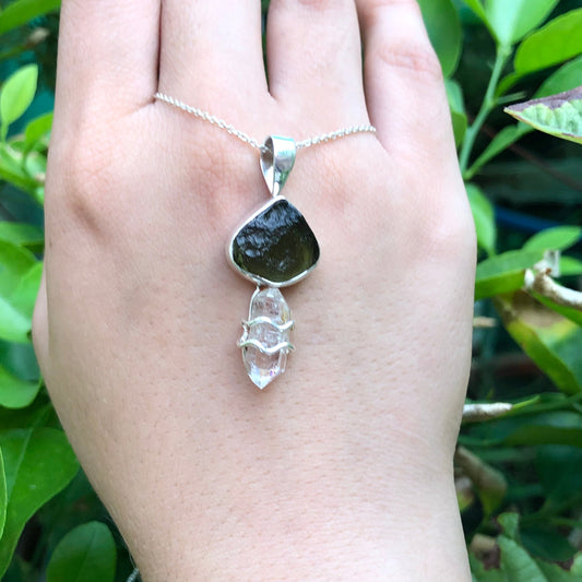 Genuine Moldavite & Herkimer Rough Pendant, 925 Sterling Silver Handmade Pendant, Moldavite Gemstone Pendant, Gift For Women's