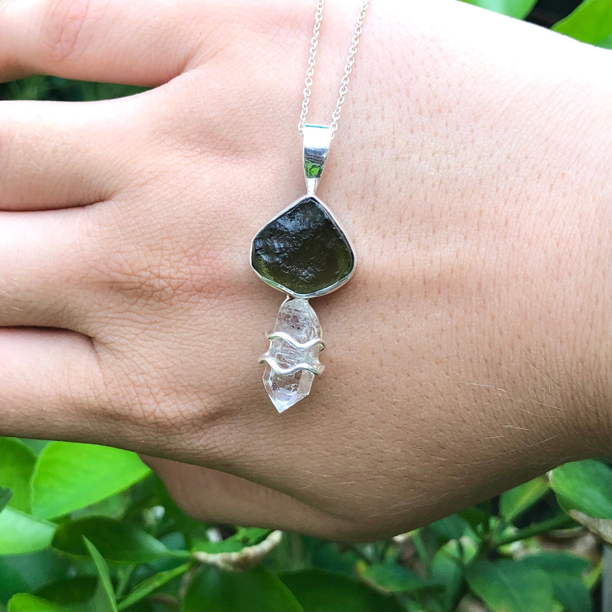 Genuine Moldavite & Herkimer Rough Pendant, 925 Sterling Silver Handmade Pendant, Moldavite Gemstone Pendant, Gift For Women's
