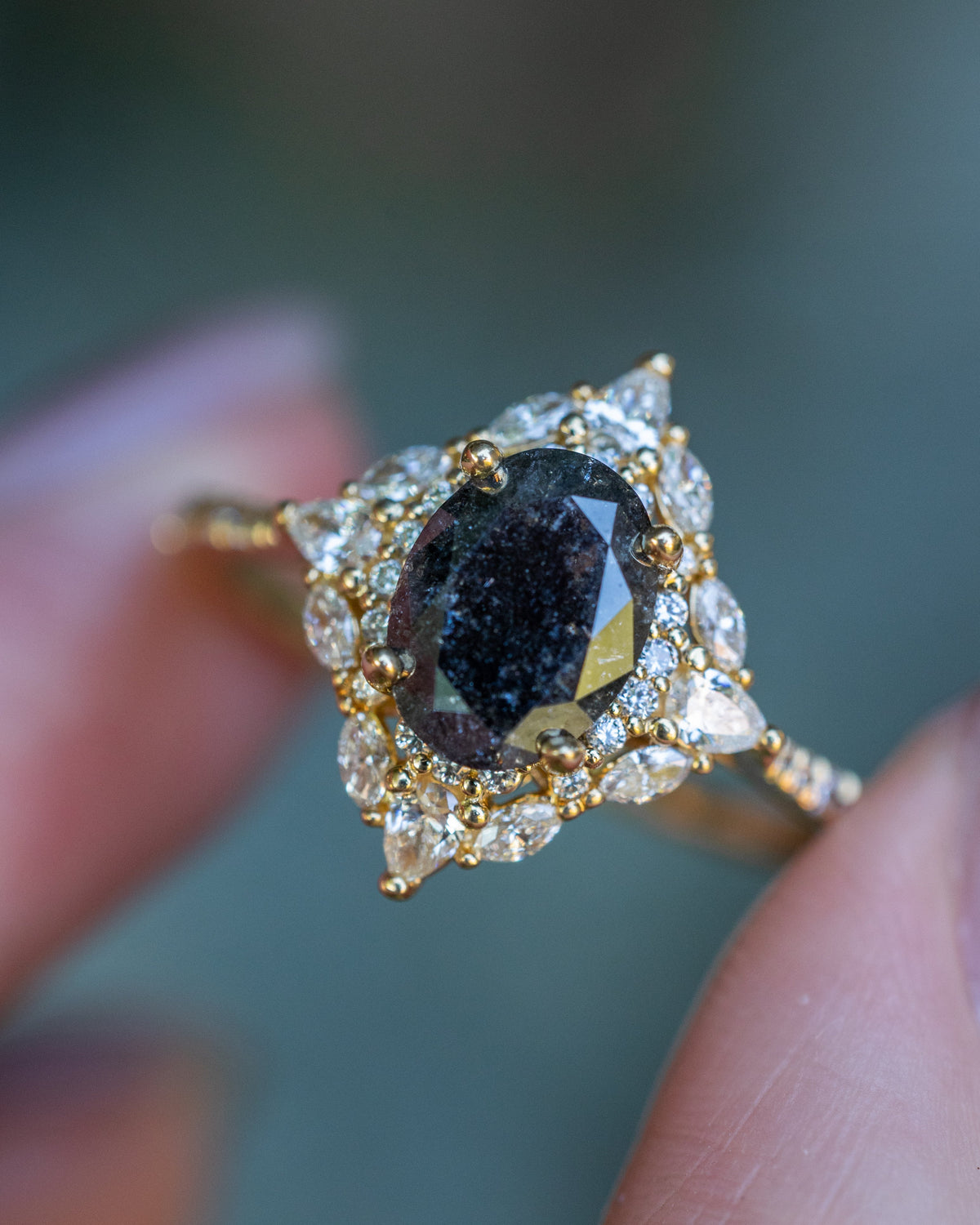 "North Star" - Oval Salt & Pepper Diamond Engagement Ring With Diamond Halo & Accents