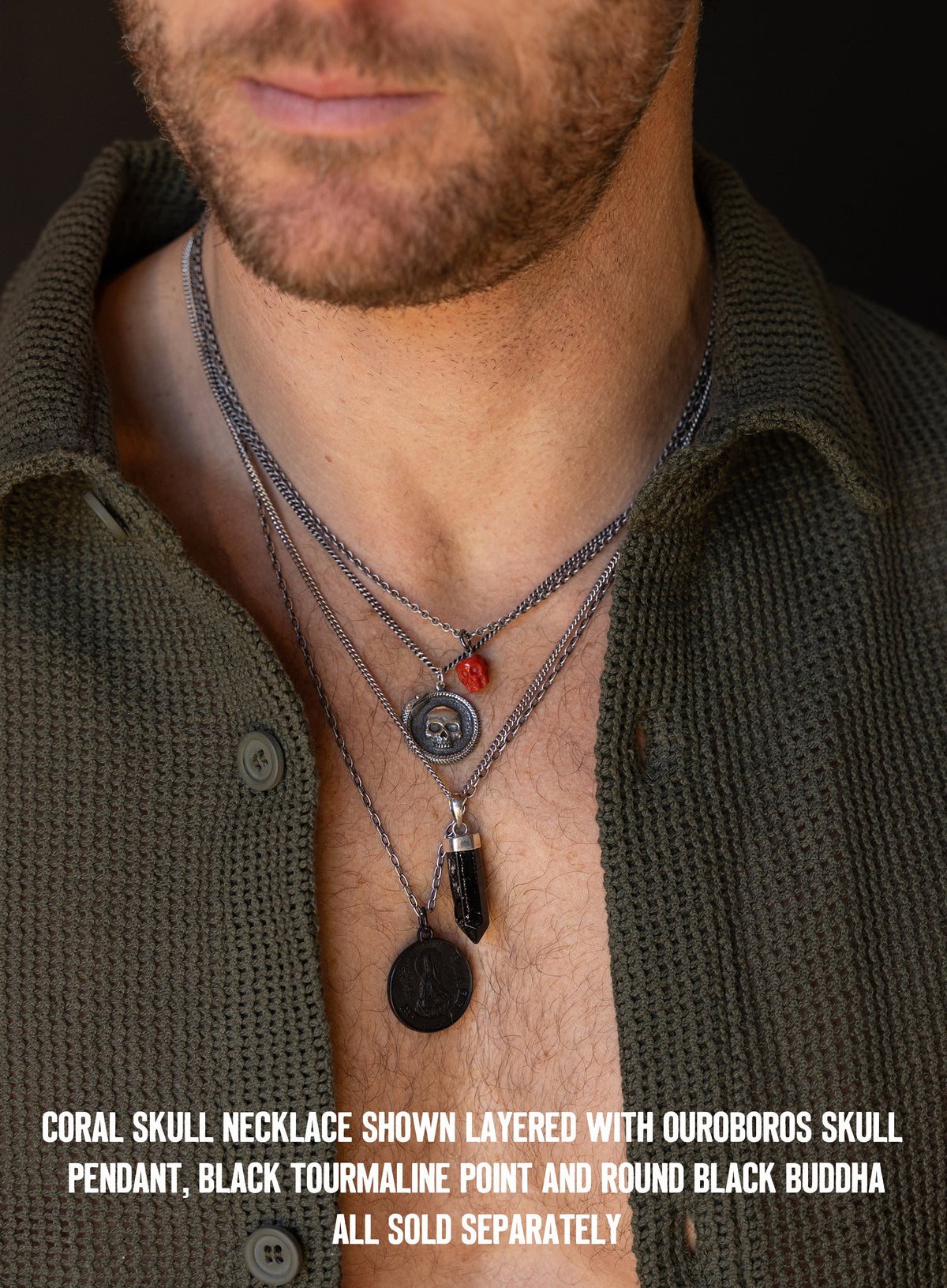 Genuine Red Coral Skull Pendant Necklace for Men