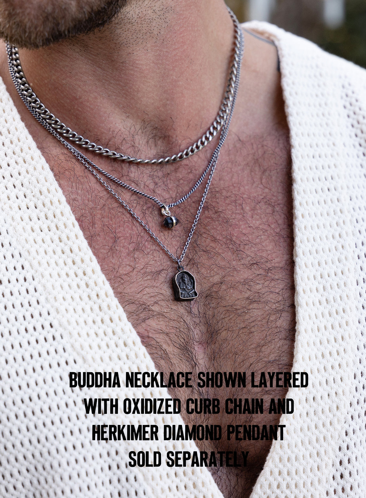 Oxidized Silver Buddha Pendant Rolo Chain Necklace for Men