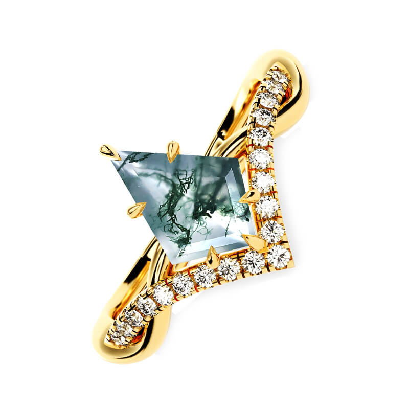 Kite Cut Moss Agate Chevron Twisted Pave Engagement Ring