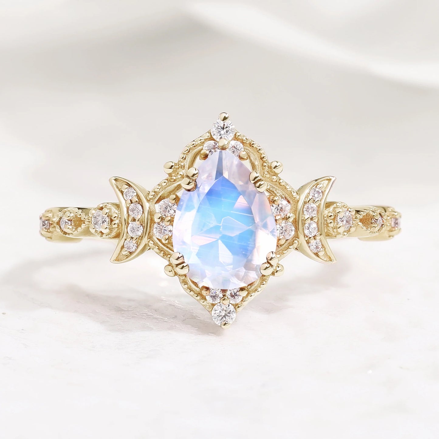 Unique Design Moon Inspired Pear Cut Moonstone Engagement Ring