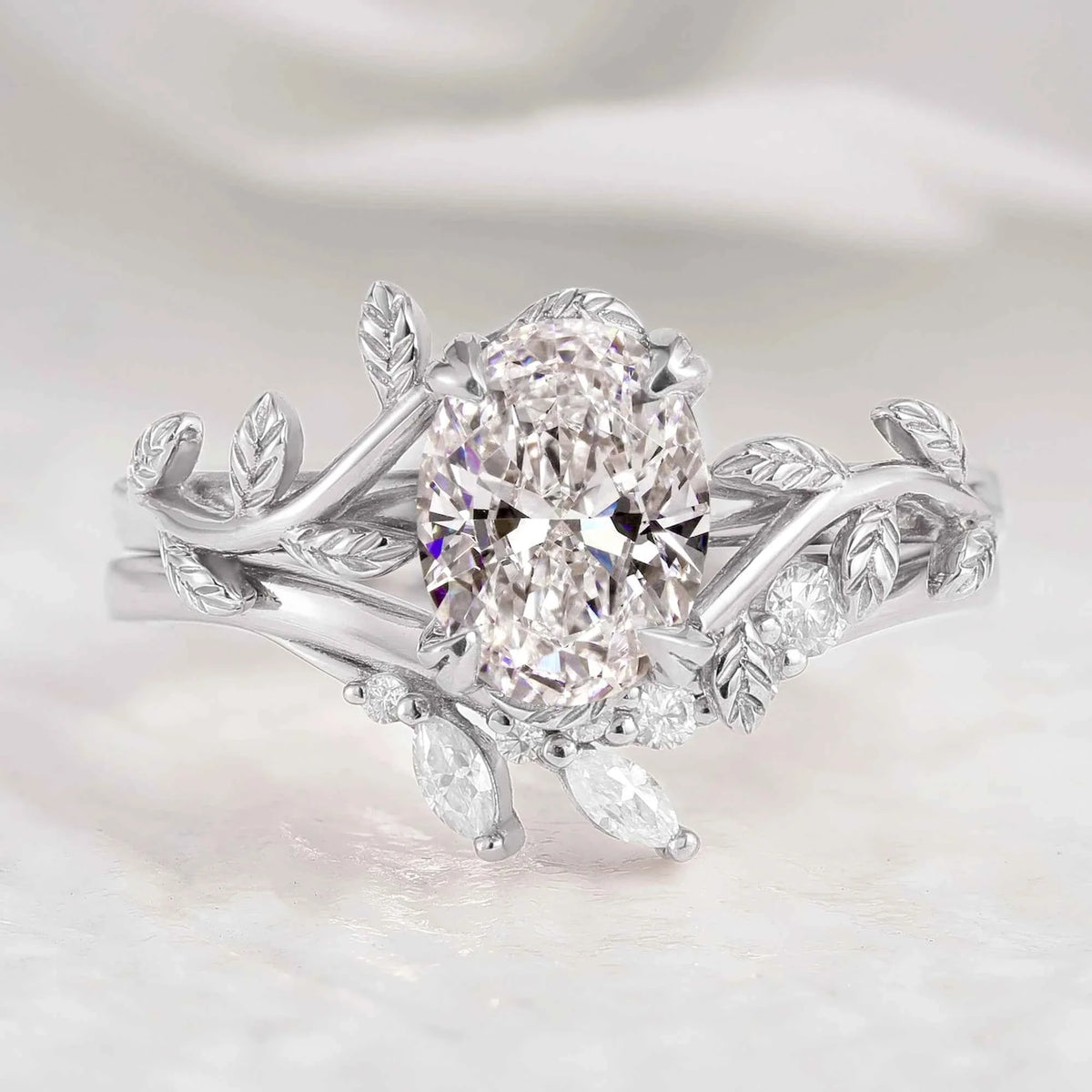 Nature Inspired Leafy Vine Lab Diamond Engagement Ring Set 2pcs