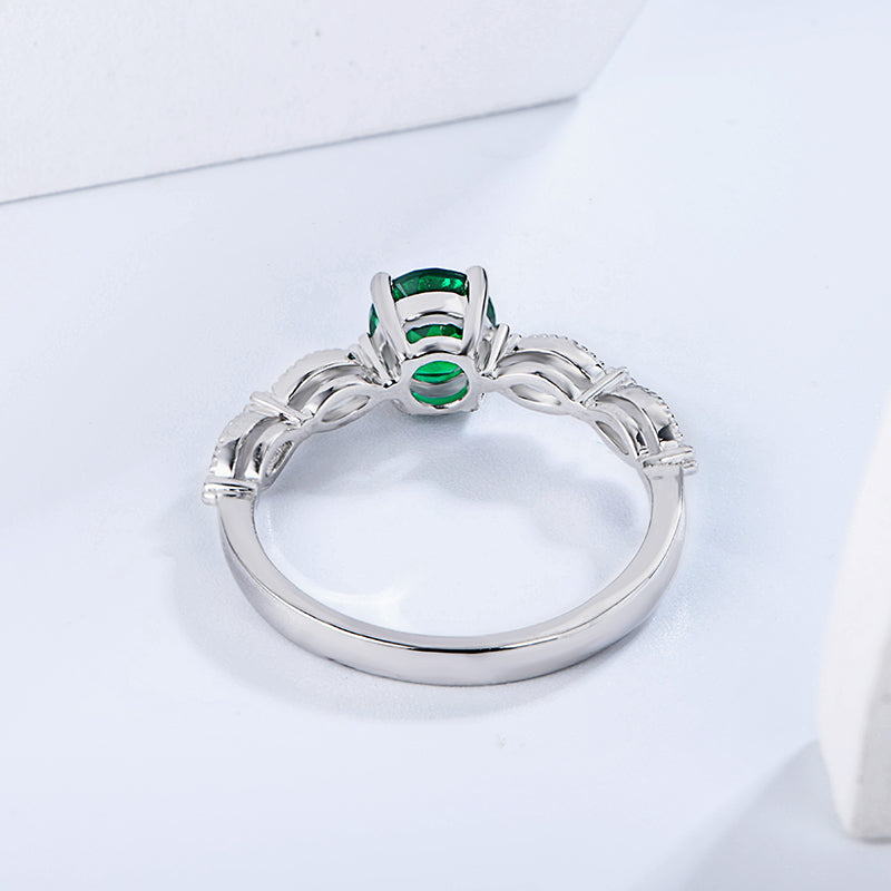 Lab-Created Emerald Marquise Side Sterling Silver Ring
