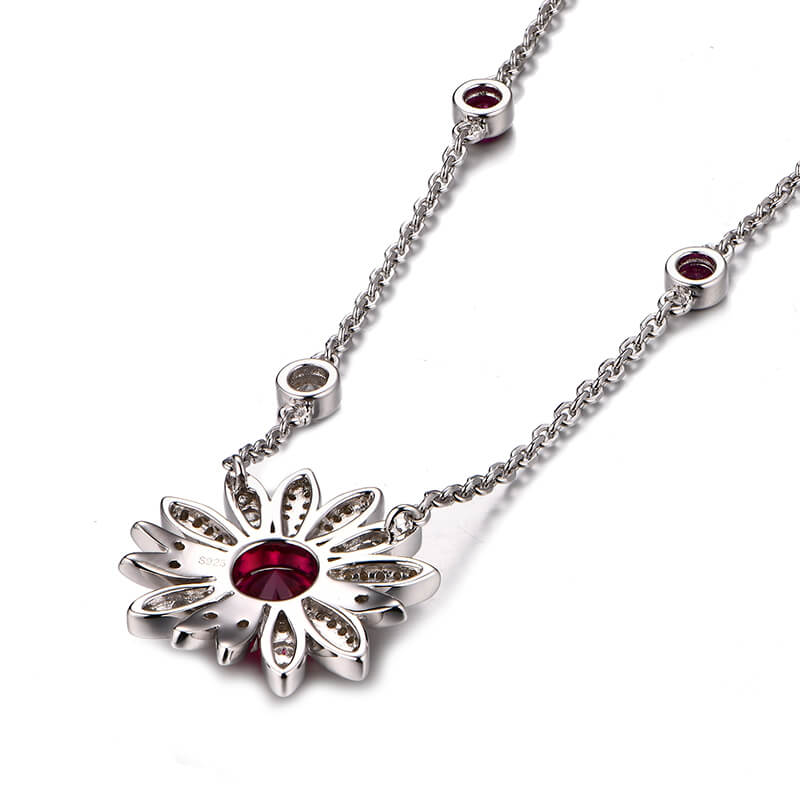 Leaf Halo Ruby Cluster Necklace In Sterling Silver