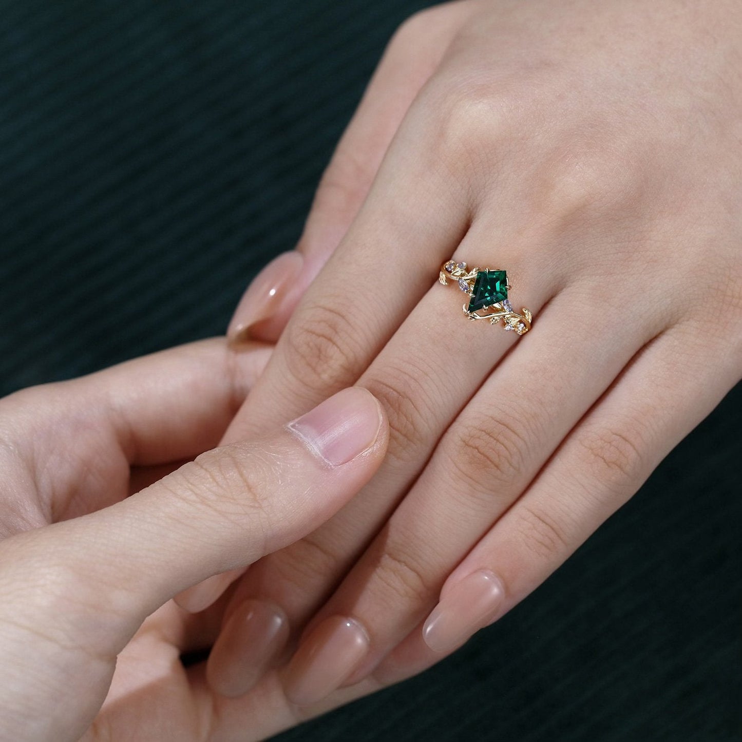 LeafLace | Kite Cut Emerald Engagement Ring with Tanzanite Accents