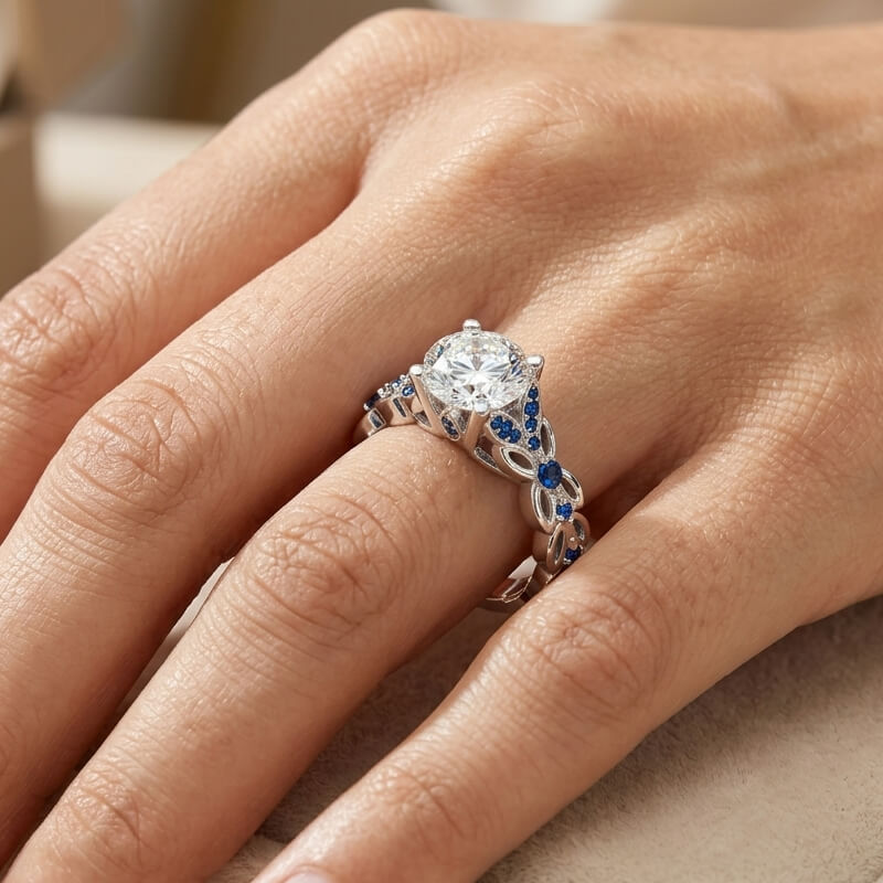 Leaf Vine Round Brilliant Moissanite Sapphire Accents Engagement Ring
