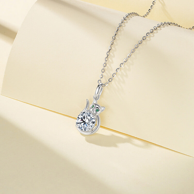 Lucky Cat Moissanite Necklace In Sterling Silver