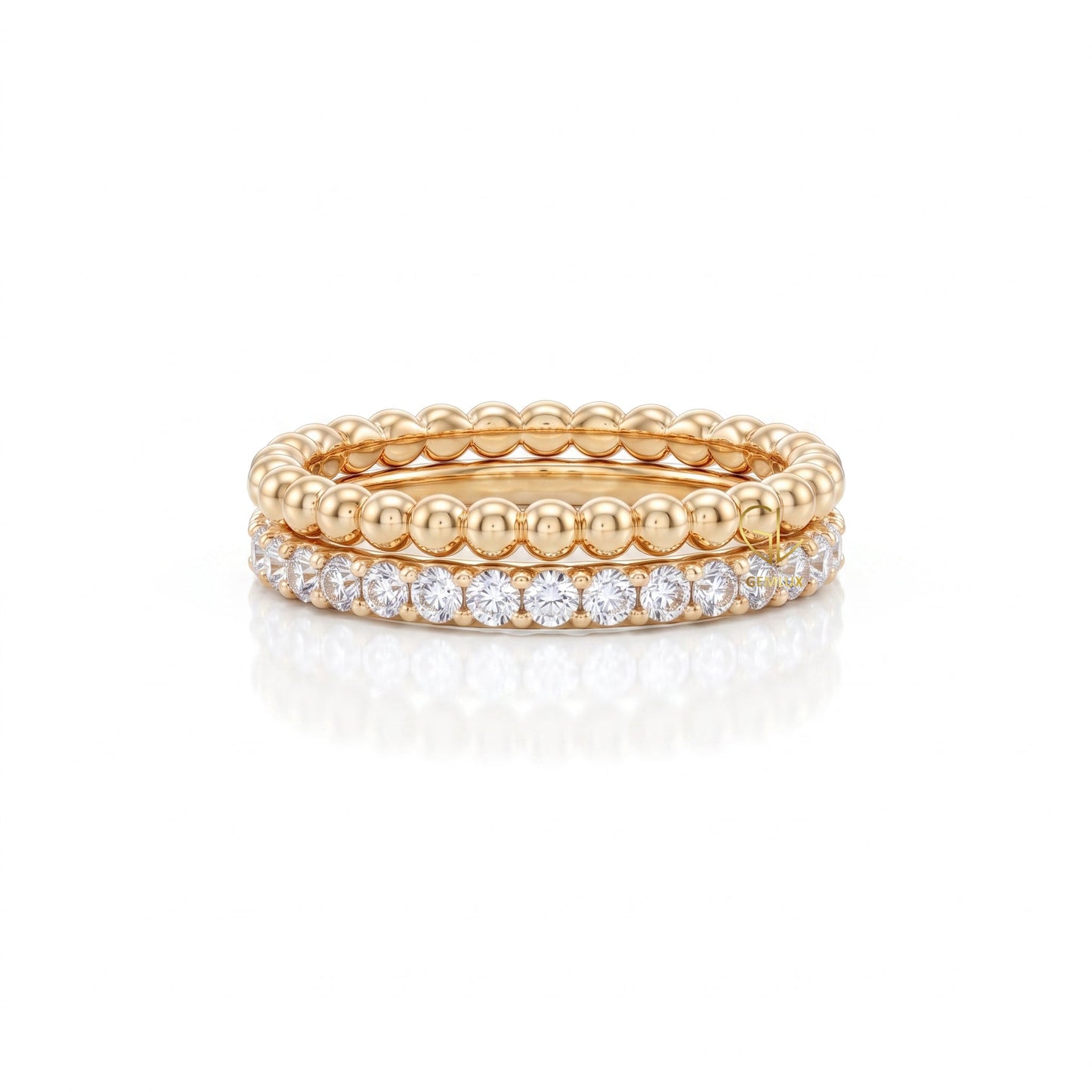 Luxury Lab Grown Diamond Eternity Band with Gold Bubble Bead Stackable Ring Set