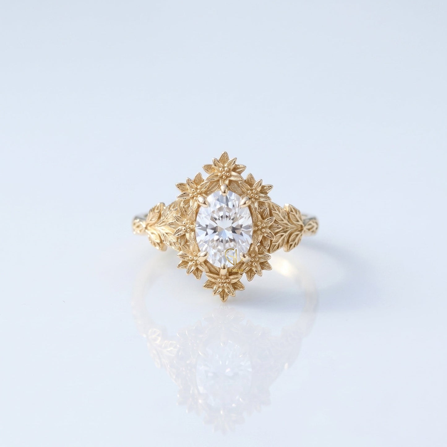 Luxury Oval Cut Lab Grown Diamond Floral Halo Engagement Ring in Solid Gold